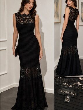tadashi shoji black lace mermaid gown size m formal evening dress